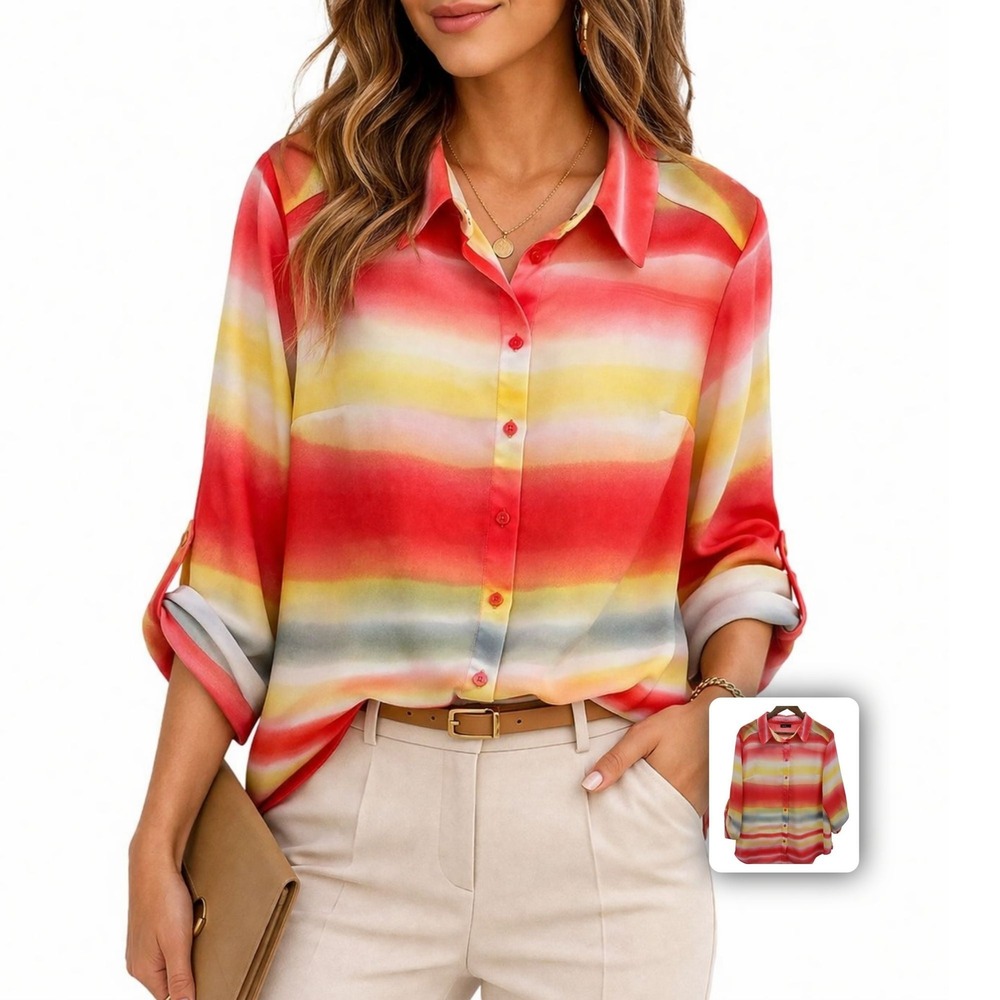 ALYX Striped‎ Chiffon Blouse Roll Tab Sleeve Button Front Lightweight XL